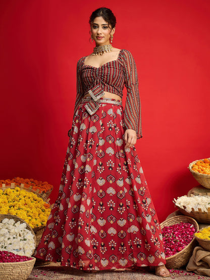 Women Maroon Floral Rouching Crop Top With Anarkali Skirt