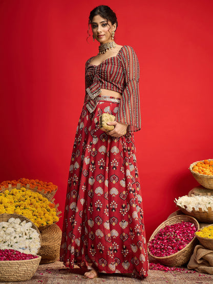 Women Maroon Floral Rouching Crop Top With Anarkali Skirt