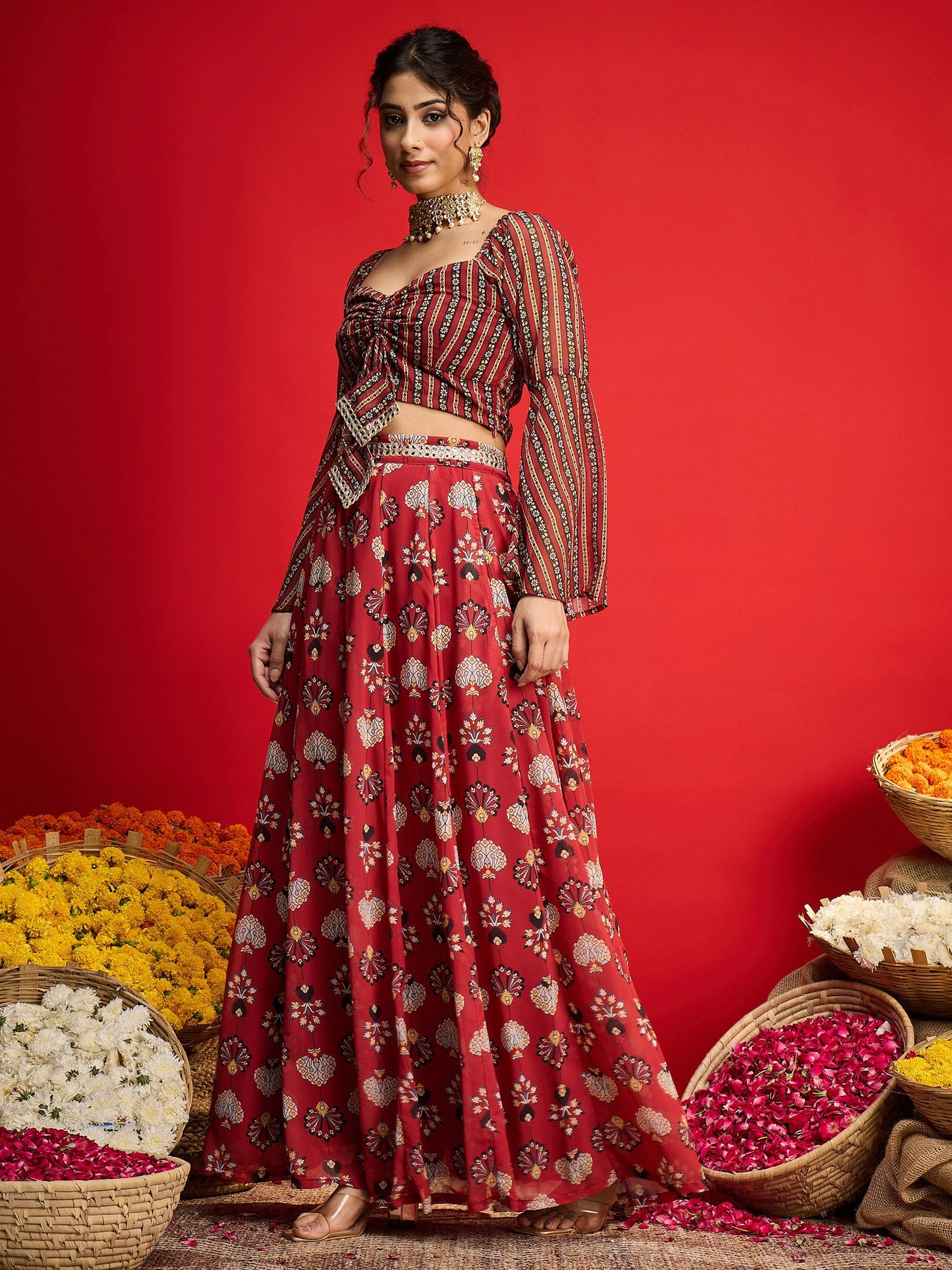 Women Maroon Floral Rouching Crop Top With Anarkali Skirt