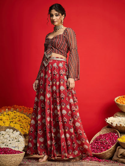 Women Maroon Floral Rouching Crop Top With Anarkali Skirt