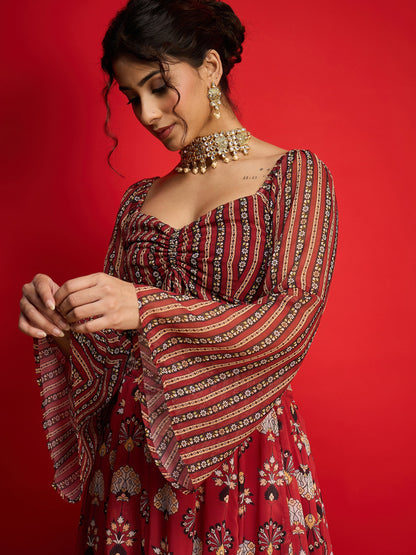 Women Maroon Floral Rouching Crop Top With Anarkali Skirt