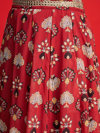 Women Maroon Floral Rouching Crop Top With Anarkali Skirt