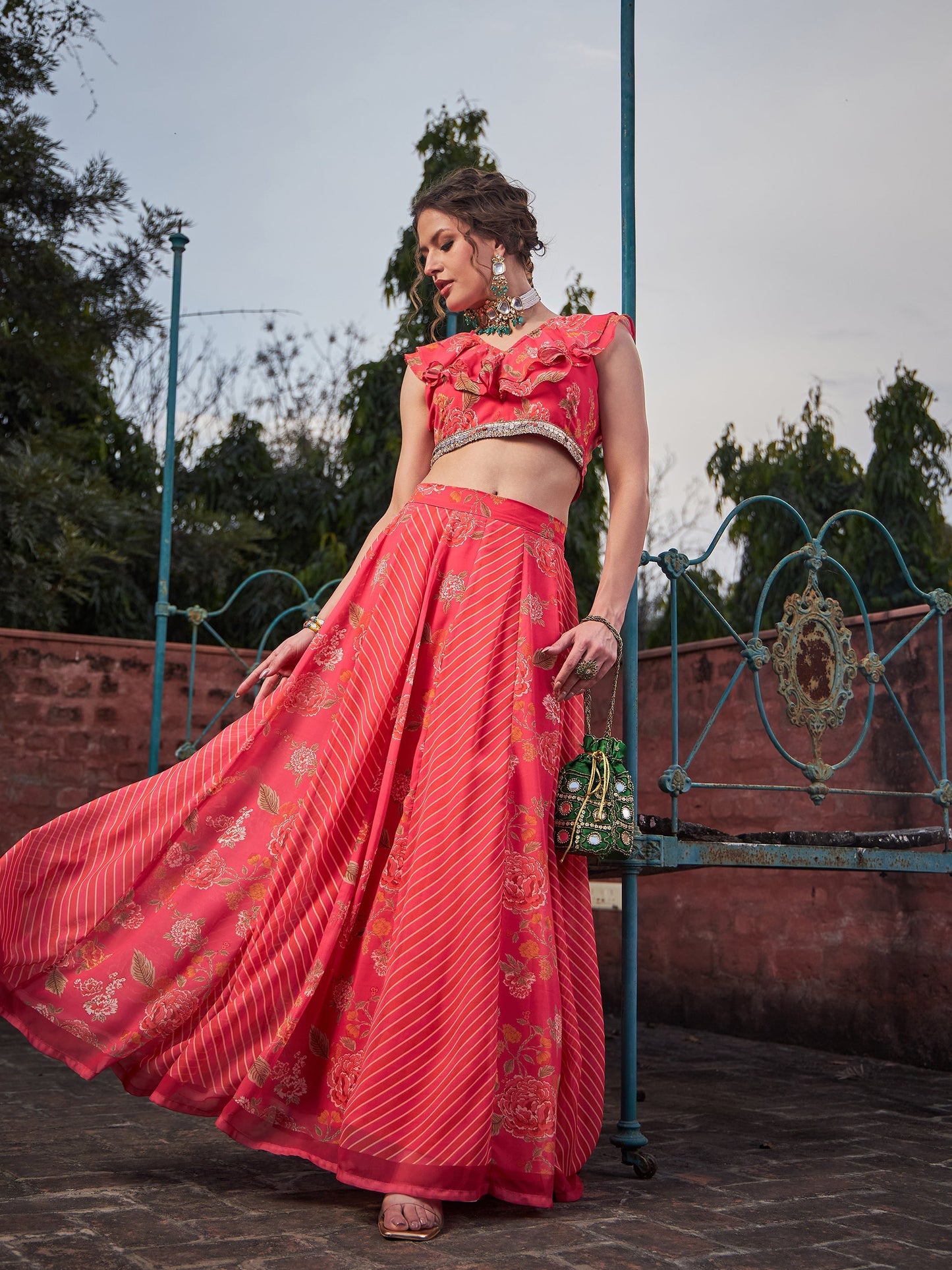 Pink Floral Frill Neck Crop Top With Anarkali Skirt -Shae by SASSAFRAS