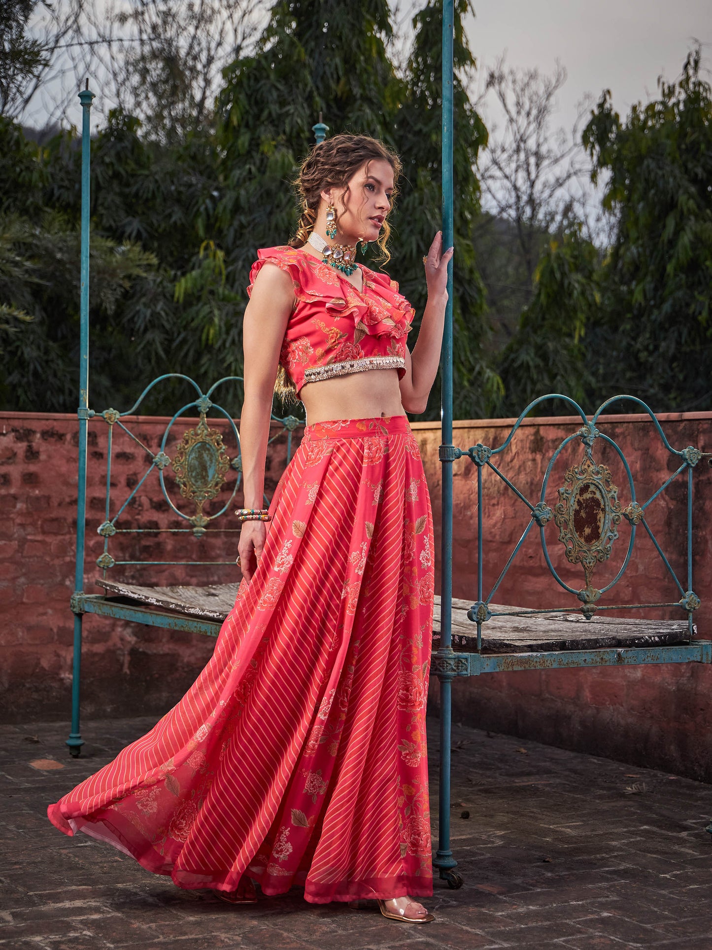 Pink Floral Frill Neck Crop Top With Anarkali Skirt -Shae by SASSAFRAS