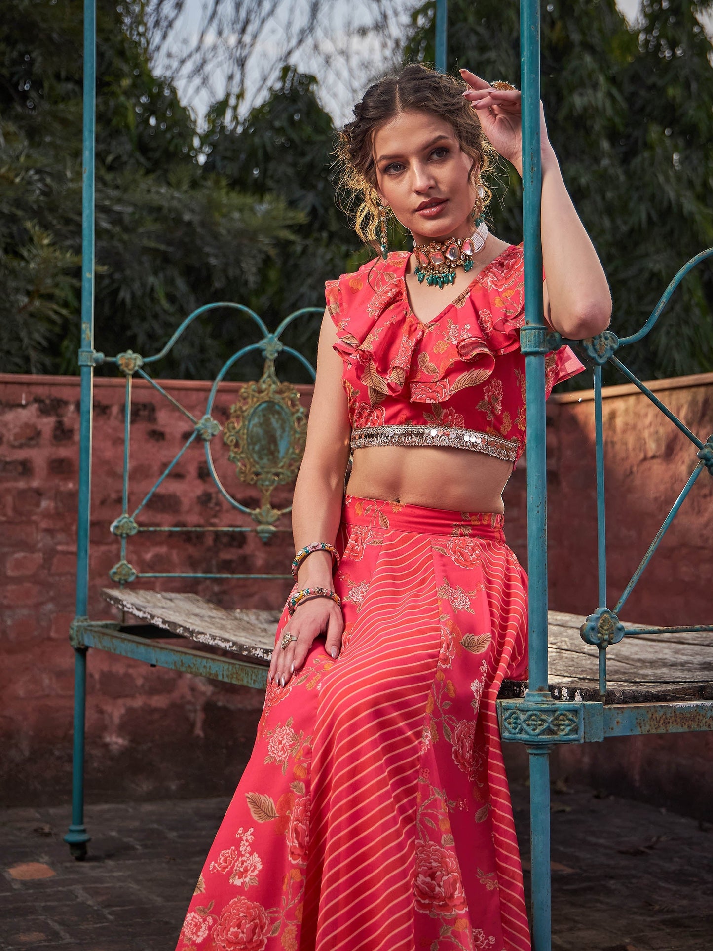 Pink Floral Frill Neck Crop Top With Anarkali Skirt -Shae by SASSAFRAS