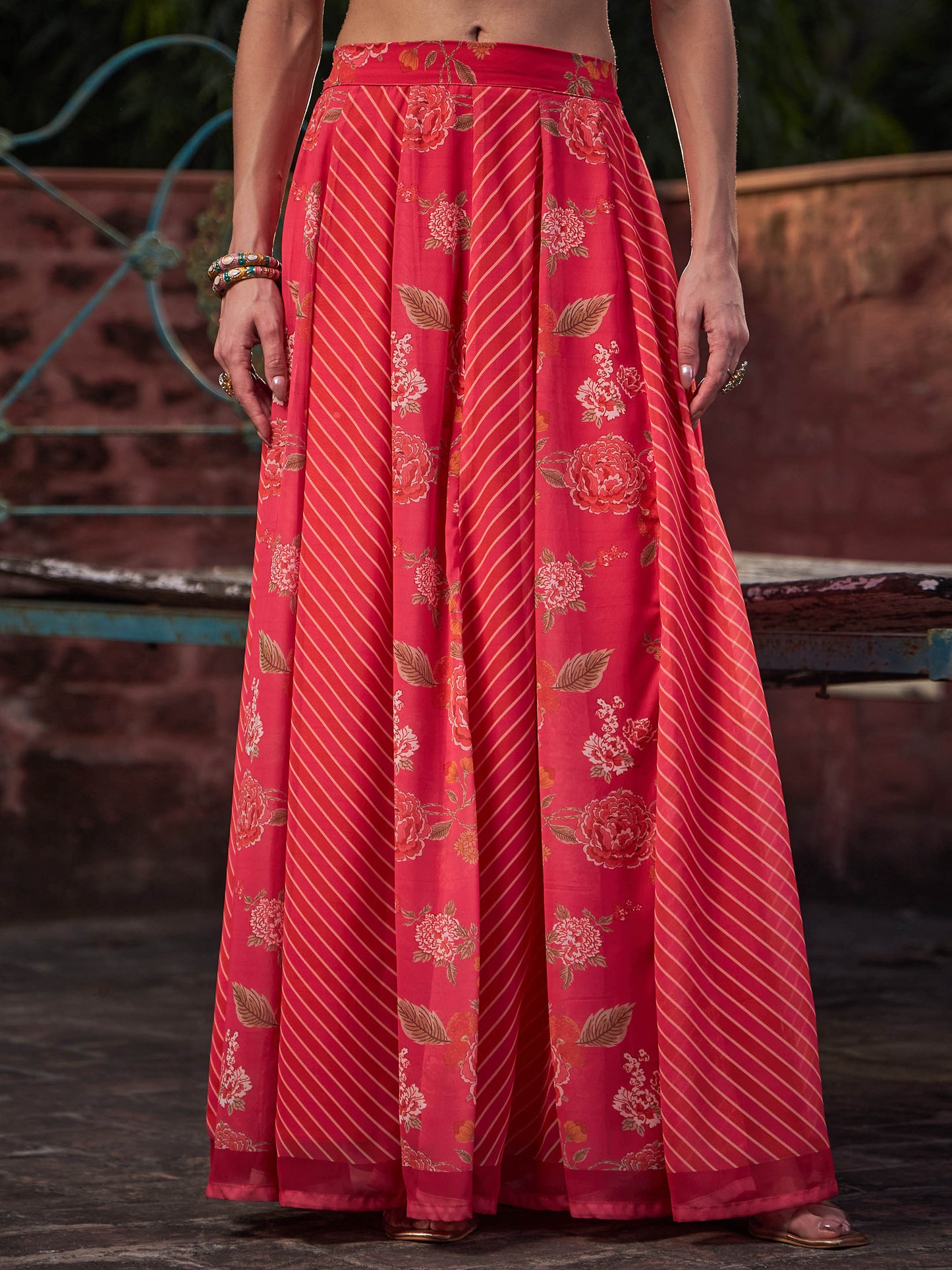 Pink Floral Frill Neck Crop Top With Anarkali Skirt -Shae by SASSAFRAS