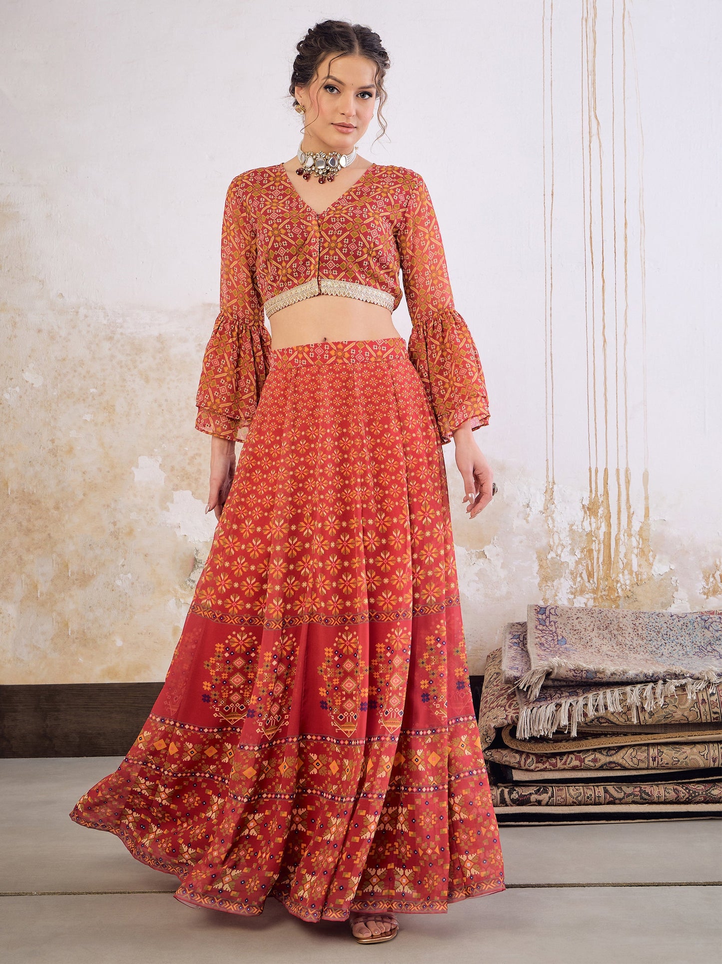 Women's Women Maroon Floral Frill Sleeves Crop Top With Anarkali Skirt in Georgette by Shae for wholesale, bulk, supplier, manufacturer and wholesaler buyers from Trendphoria