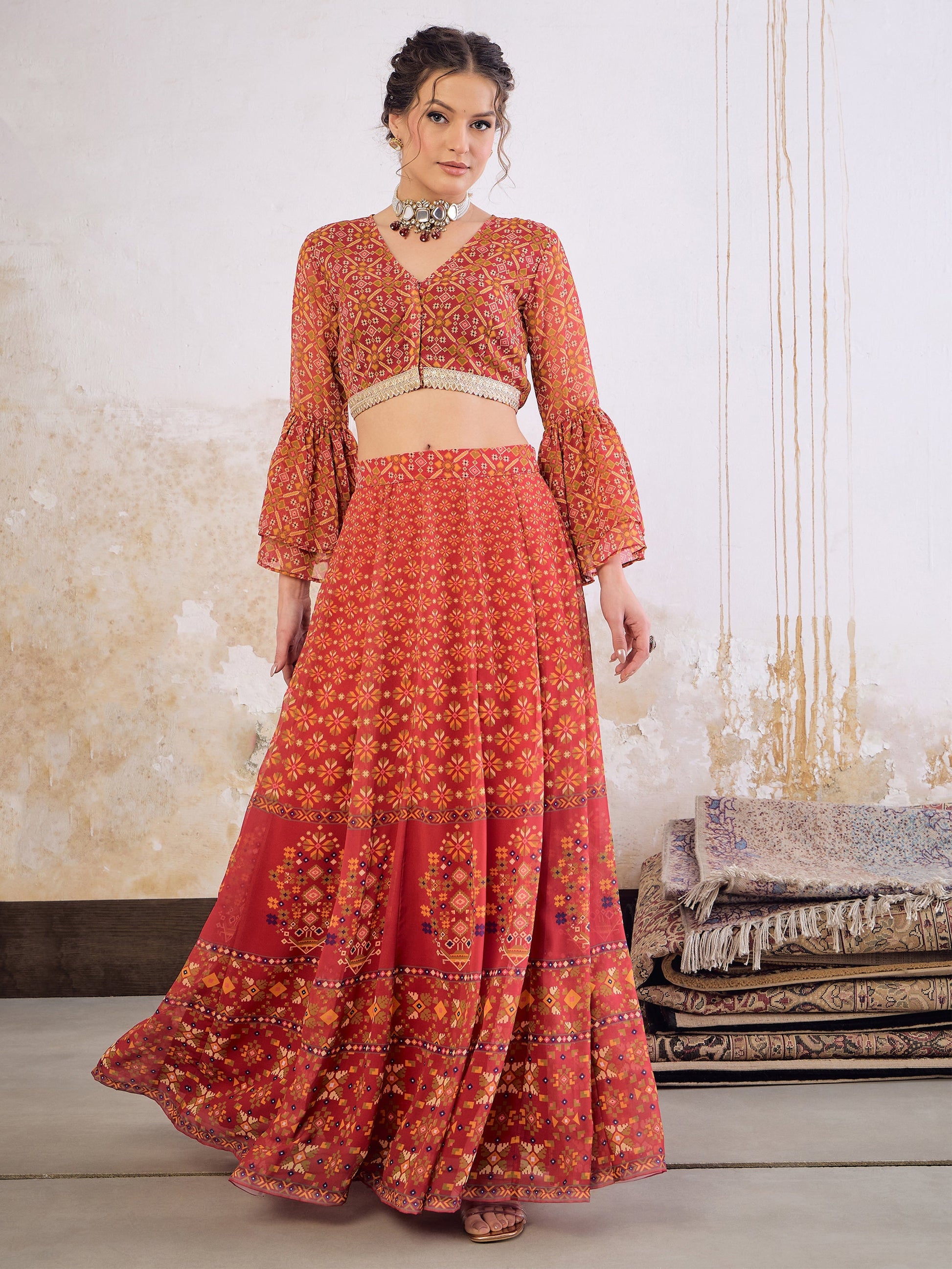 Women's Women Maroon Floral Frill Sleeves Crop Top With Anarkali Skirt in Georgette by Shae for wholesale, bulk, supplier, manufacturer and wholesaler buyers from Trendphoria