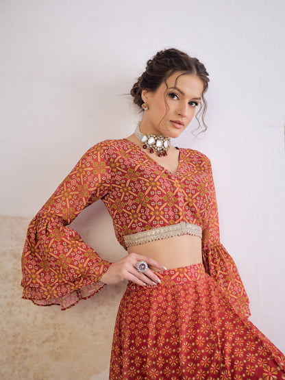 Maroon Floral Frill Sleeves Crop Top With Anarkali Skirt-Shae by SASSAFRAS