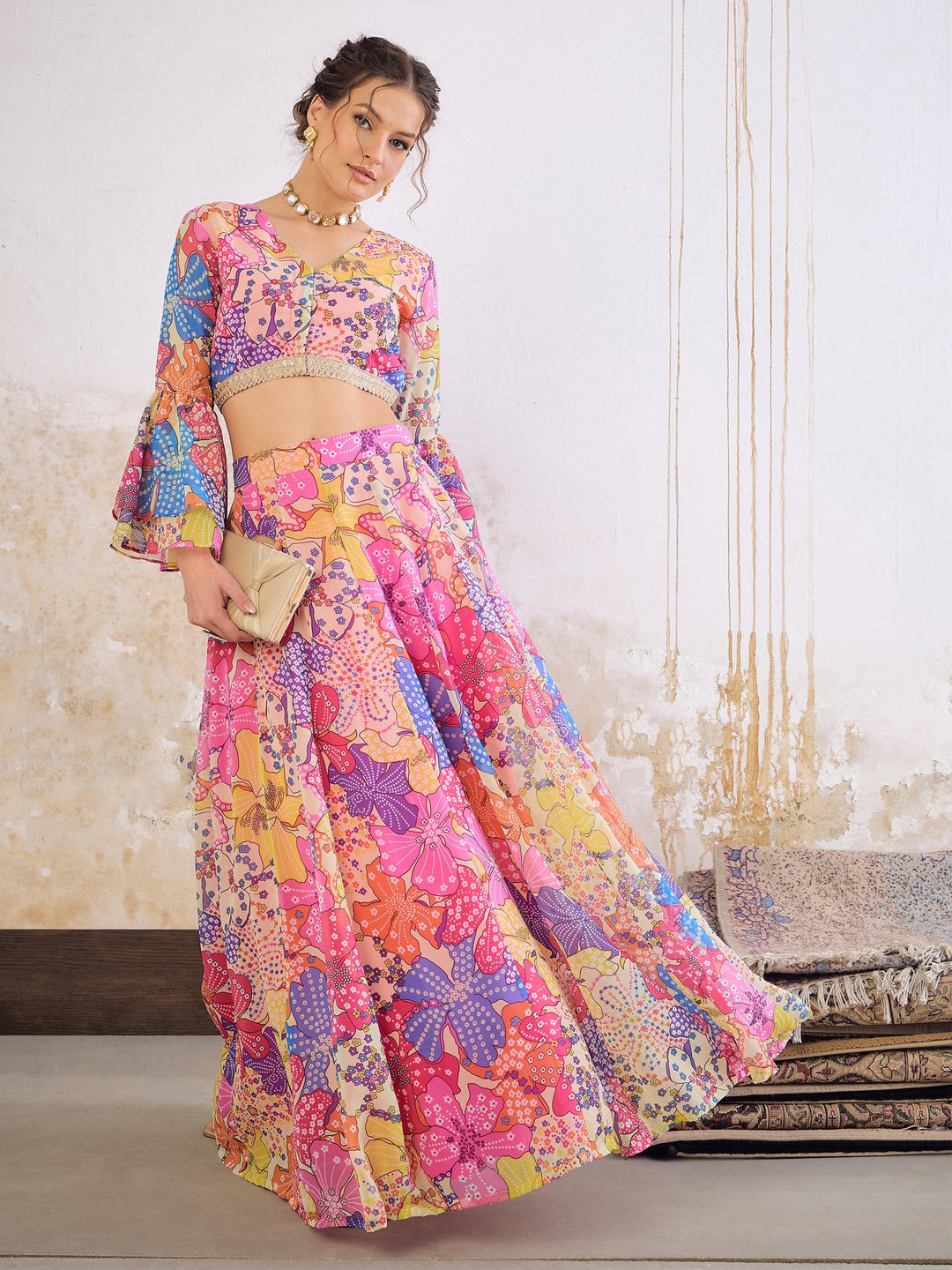 Women's Women Pink Floral Frill Sleeves Crop Top With Anarkali Skirt in Georgette by Shae for wholesale, bulk, supplier, manufacturer and wholesaler buyers from Trendphoria