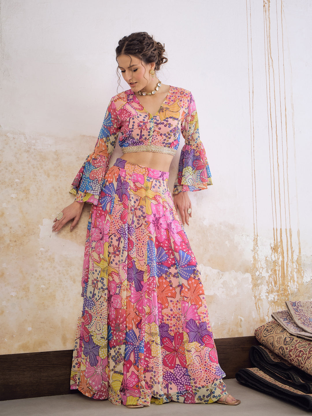 Women Pink Floral Frill Sleeves Crop Top With Anarkali Skirt