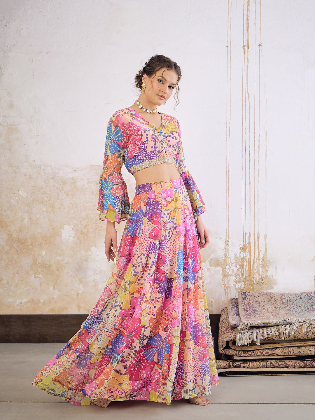 Women Pink Floral Frill Sleeves Crop Top With Anarkali Skirt