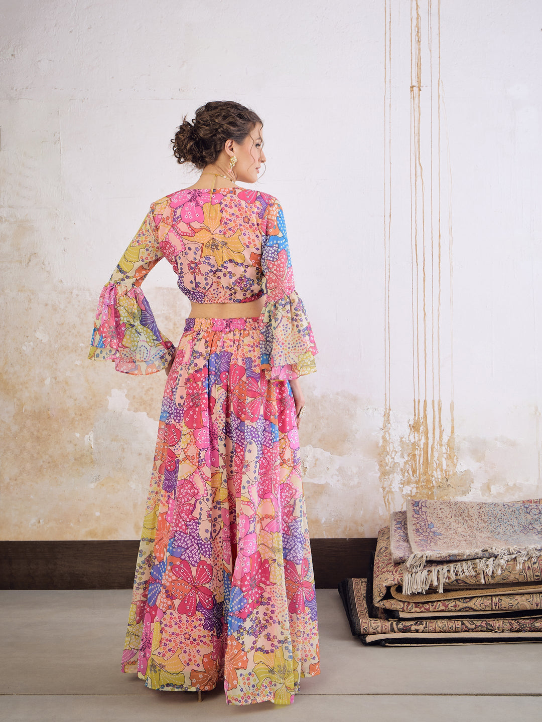 Women Pink Floral Frill Sleeves Crop Top With Anarkali Skirt