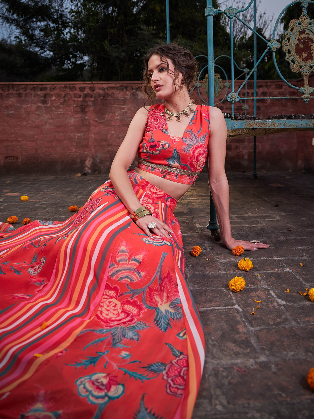 Red Floral Sleeveless Crop Top With Anarkali Skirt -Shae by SASSAFRAS