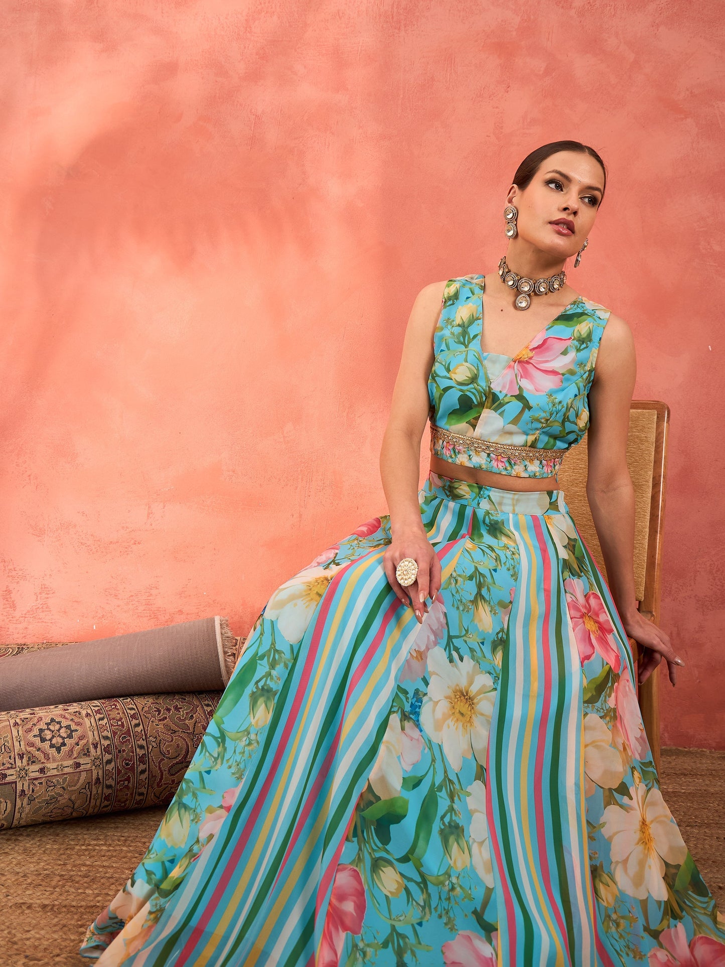 Aqua Blue Floral Sleeveless Crop Top With Anarkali Skirt