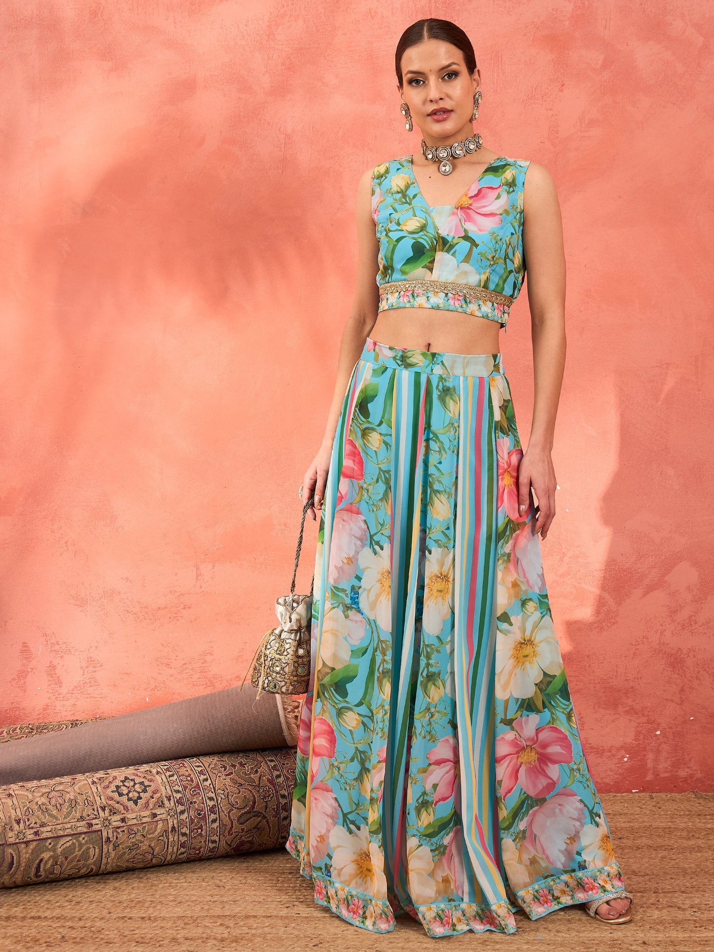 Aqua Blue Floral Sleeveless Crop Top With Anarkali Skirt