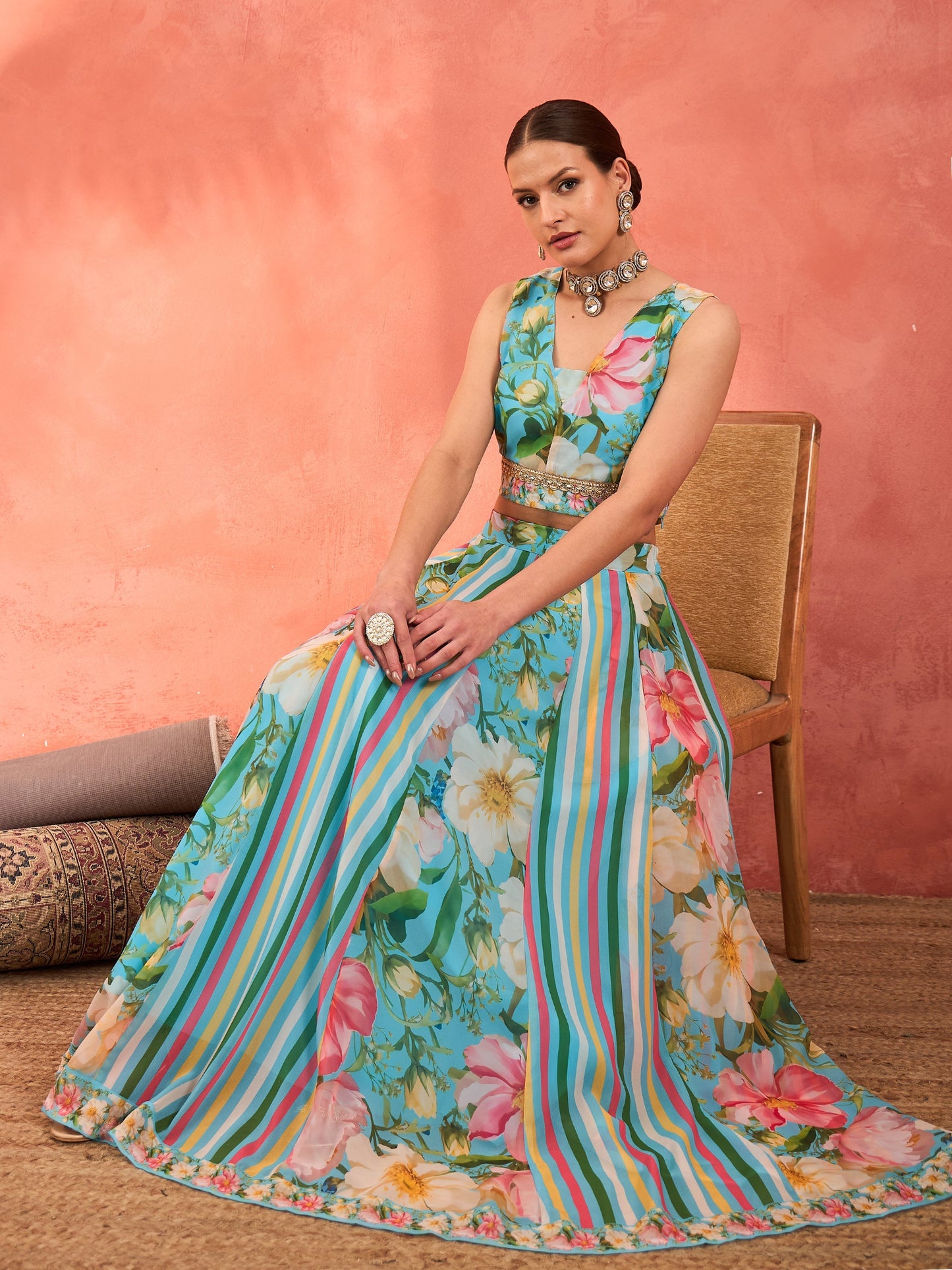 Aqua Blue Floral Sleeveless Crop Top With Anarkali Skirt
