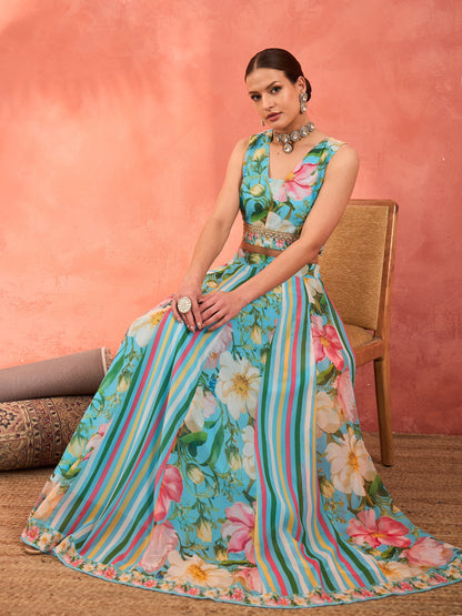 Aqua Blue Floral Sleeveless Crop Top With Anarkali Skirt