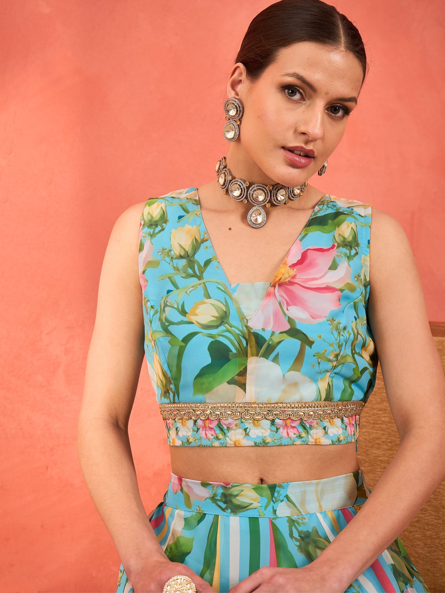 Aqua Blue Floral Sleeveless Crop Top With Anarkali Skirt