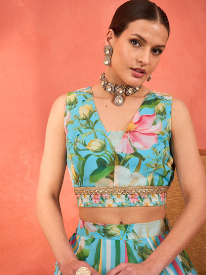 Aqua Blue Floral Sleeveless Crop Top With Anarkali Skirt