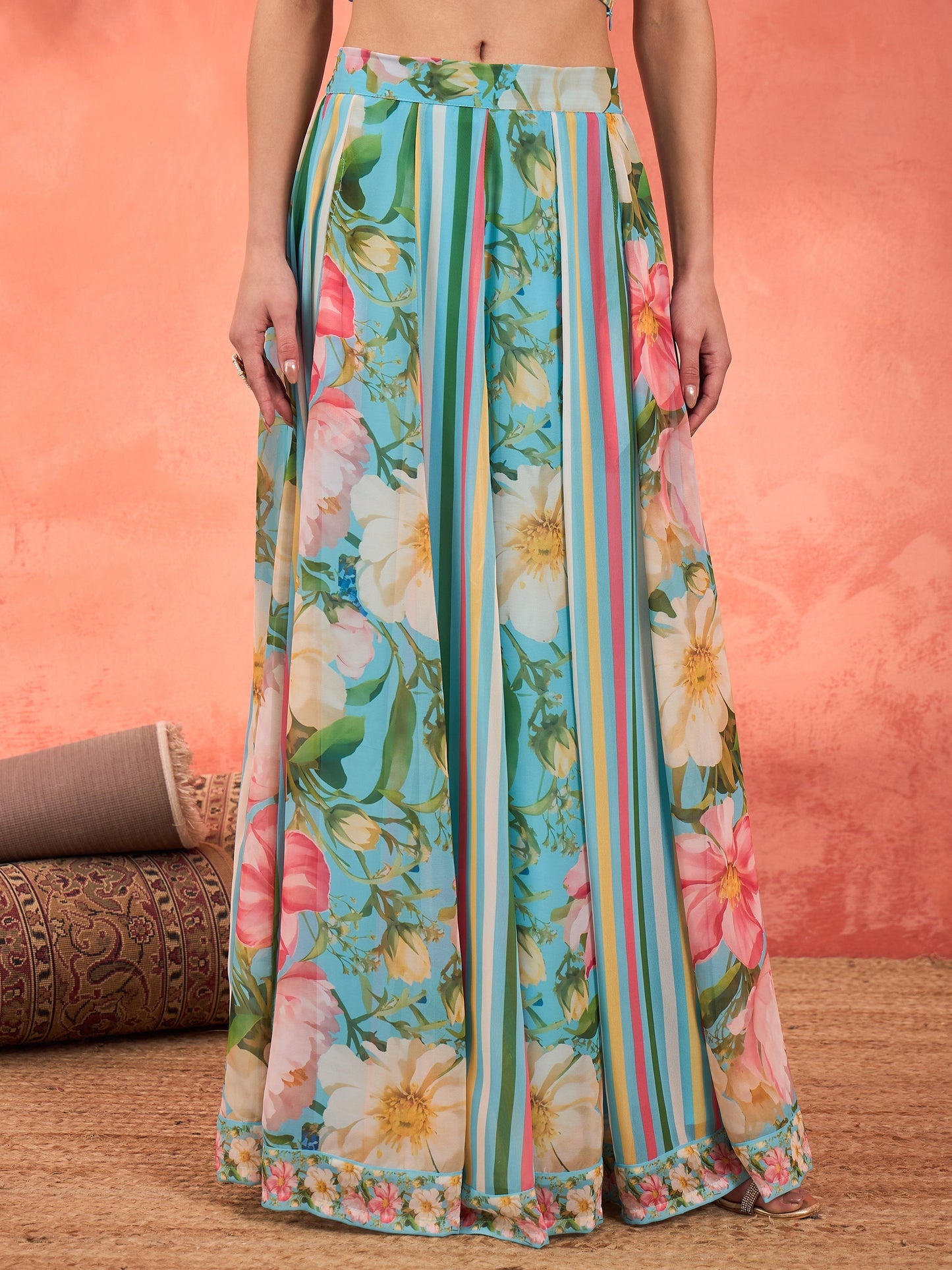 Aqua Blue Floral Sleeveless Crop Top With Anarkali Skirt