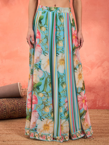 Aqua Blue Floral Sleeveless Crop Top With Anarkali Skirt