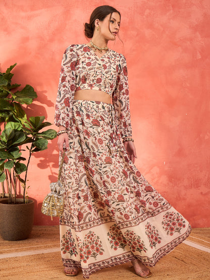 Beige Floral Wrap Crop Top With Anarkali Skirt