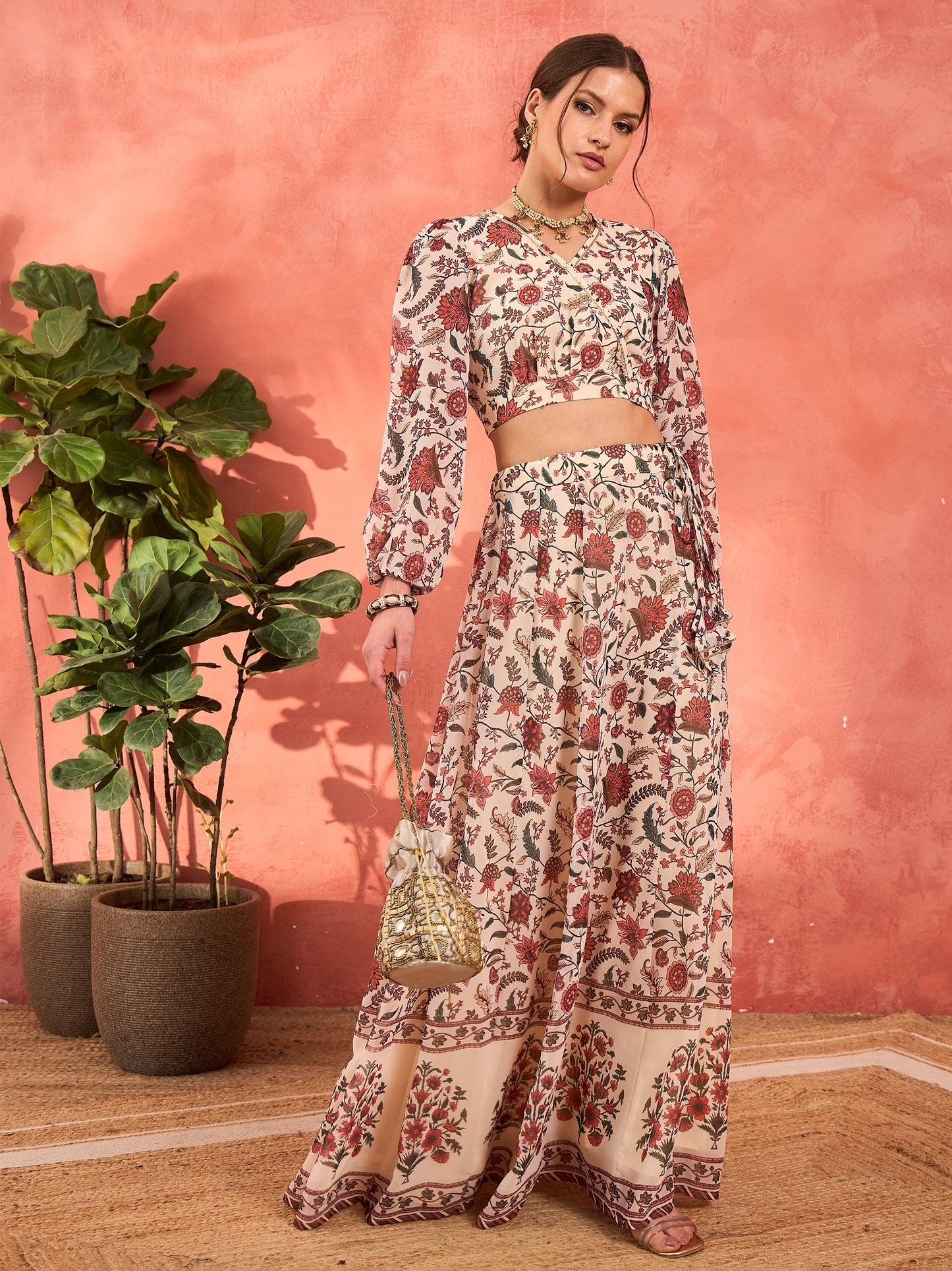 Beige Floral Wrap Crop Top With Anarkali Skirt