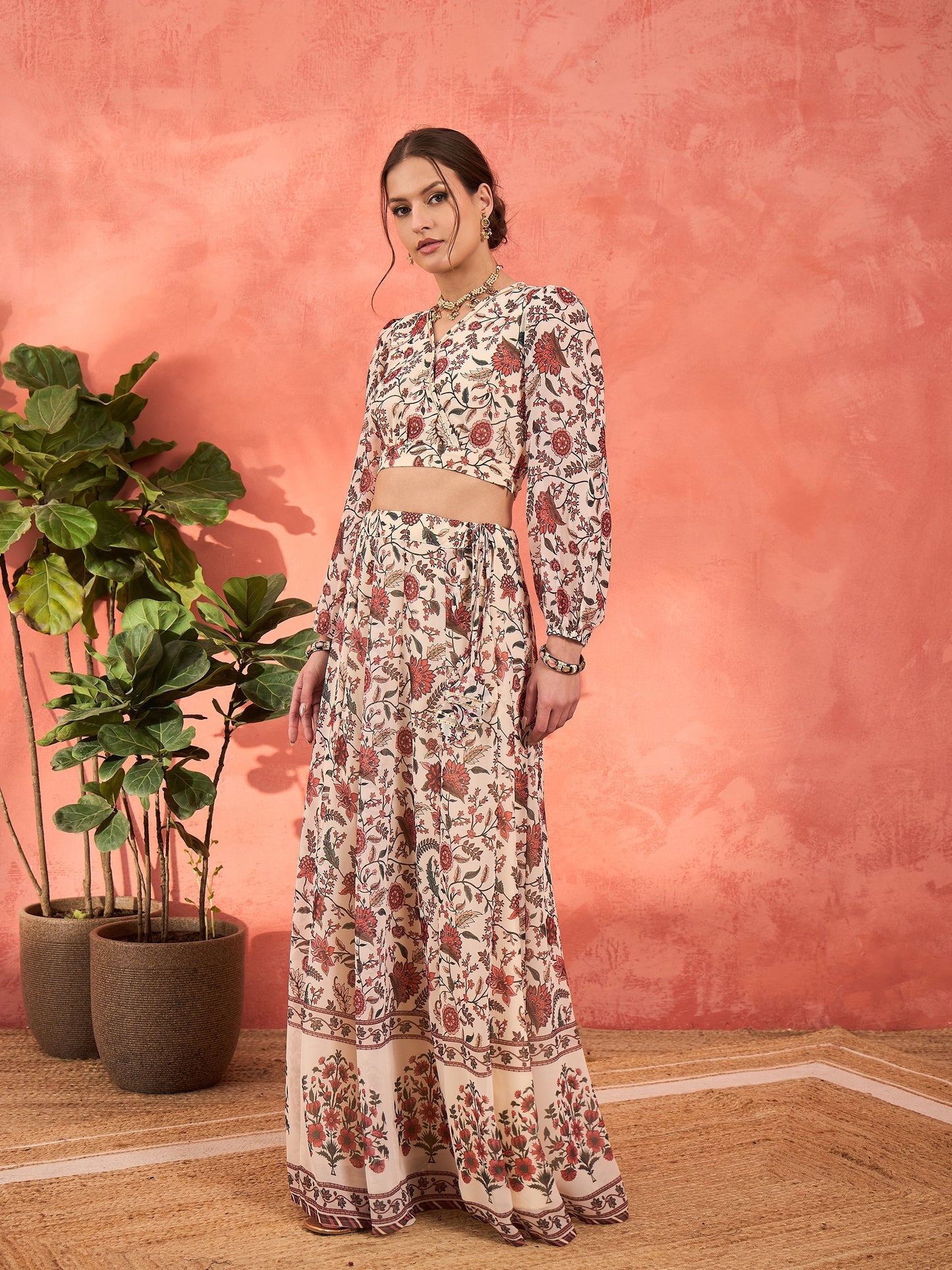 Beige Floral Wrap Crop Top With Anarkali Skirt