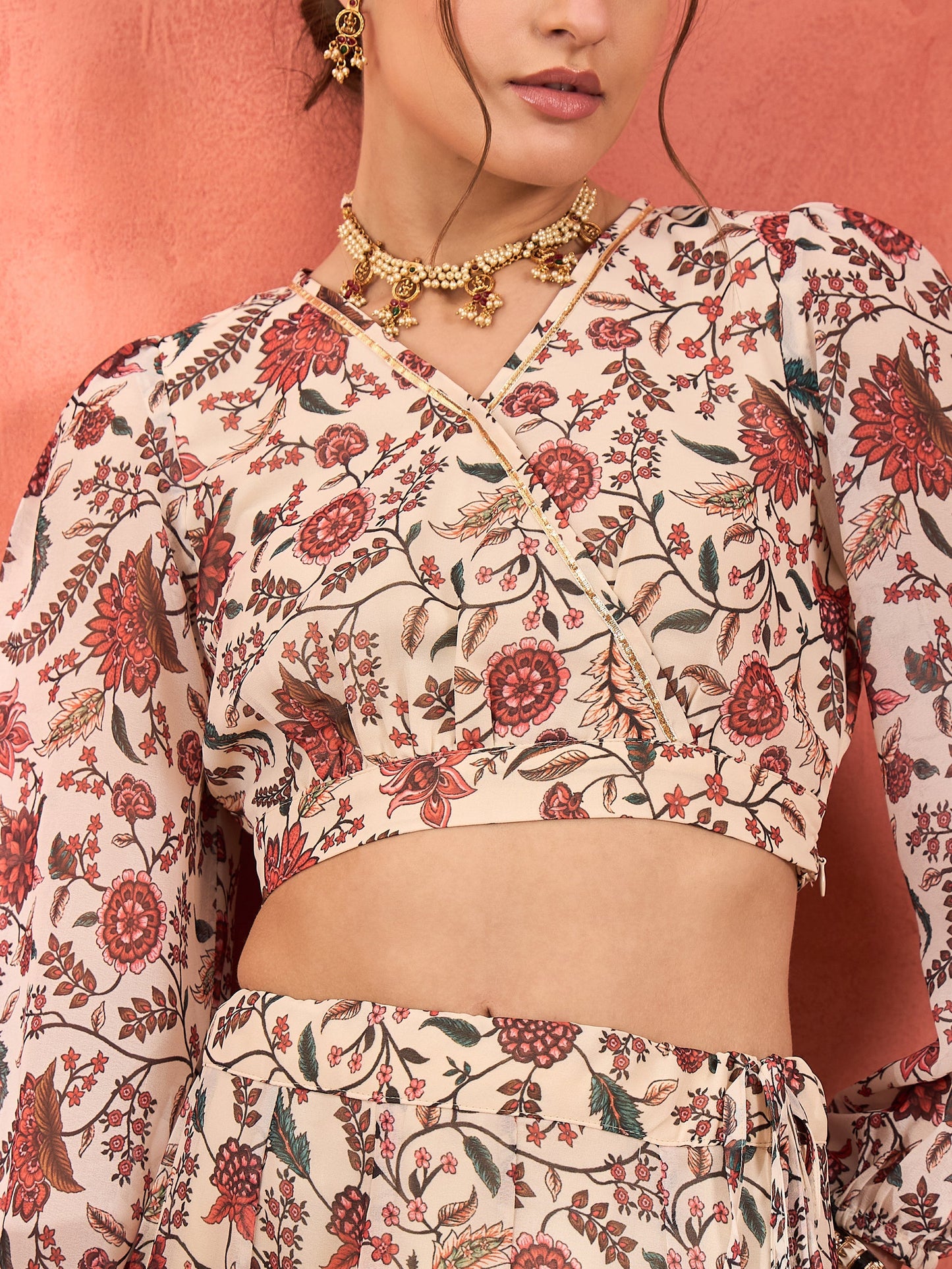 Beige Floral Wrap Crop Top With Anarkali Skirt