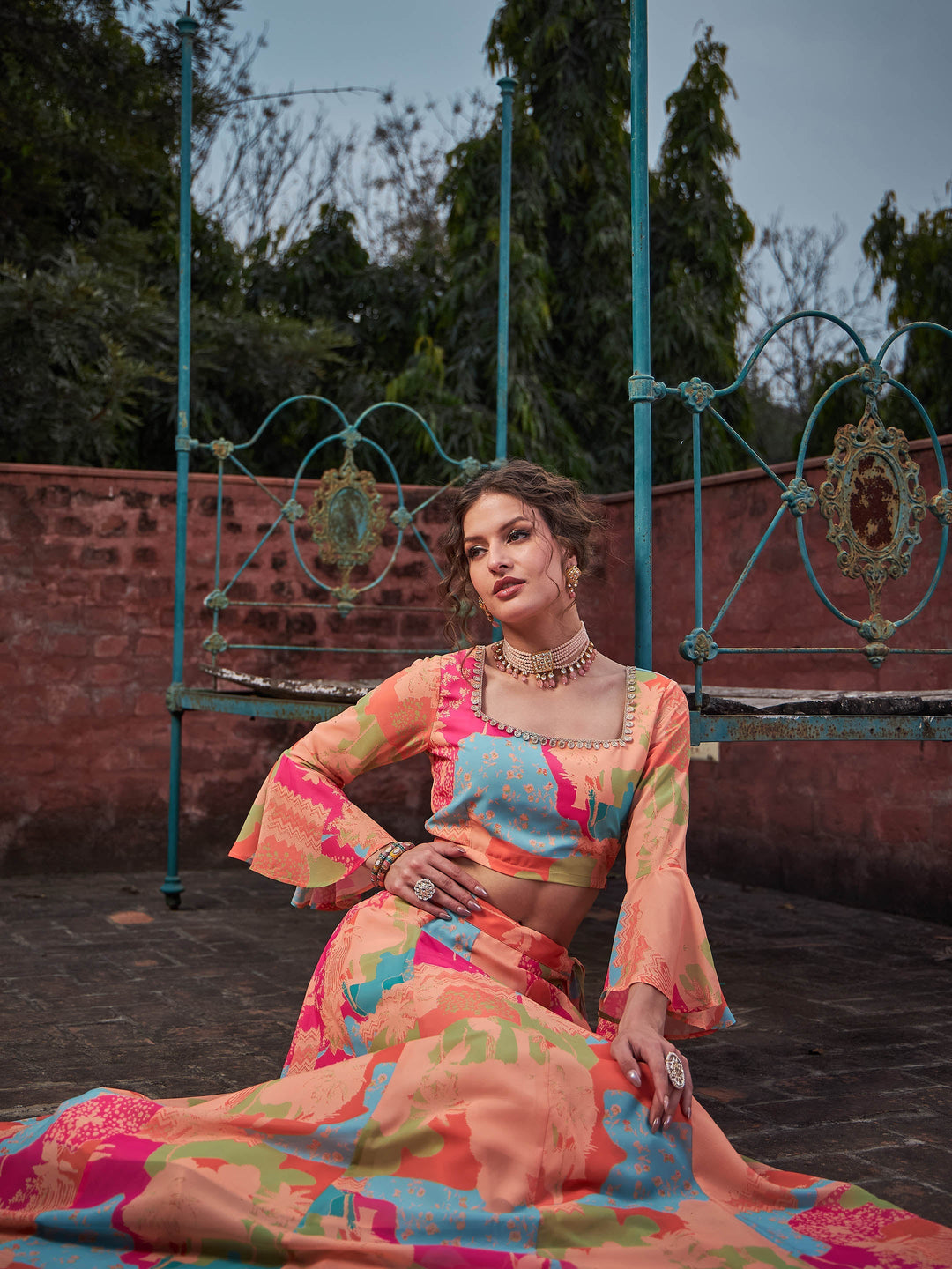 Orange Tie &amp; dye Crop Top With Anarkali Skirt-Shae by SASSAFRAS