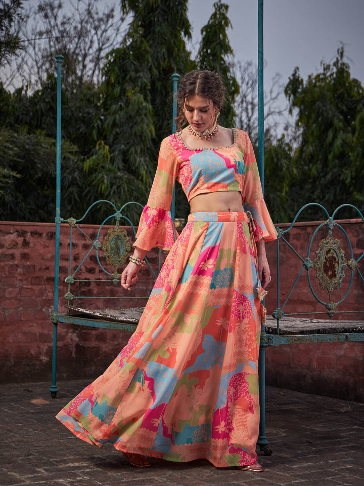 Orange Tie &amp; dye Crop Top With Anarkali Skirt-Shae by SASSAFRAS