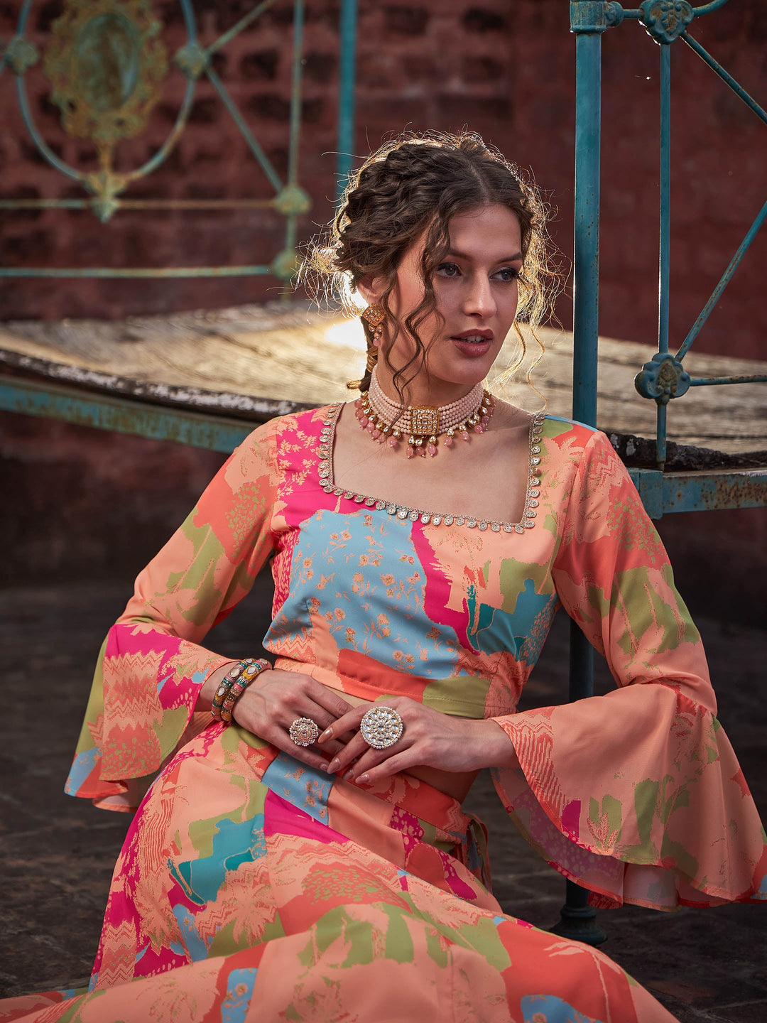 Orange Tie &amp; dye Crop Top With Anarkali Skirt-Shae by SASSAFRAS