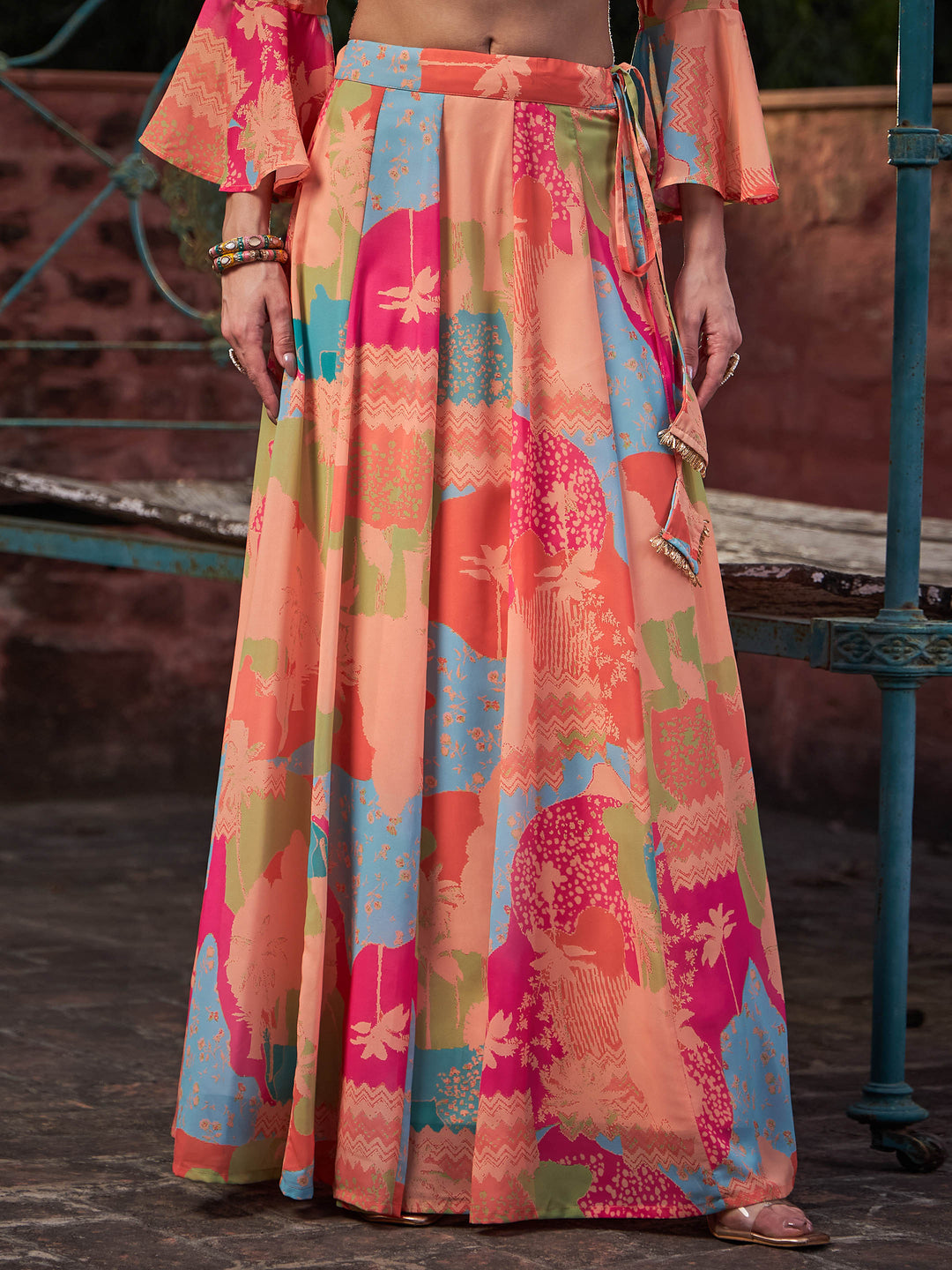 Orange Tie &amp; dye Crop Top With Anarkali Skirt-Shae by SASSAFRAS