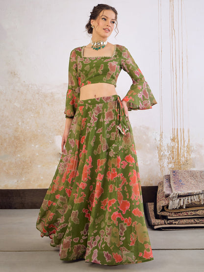 Green  Tie & dye Crop Top With Anarkali Skirt
