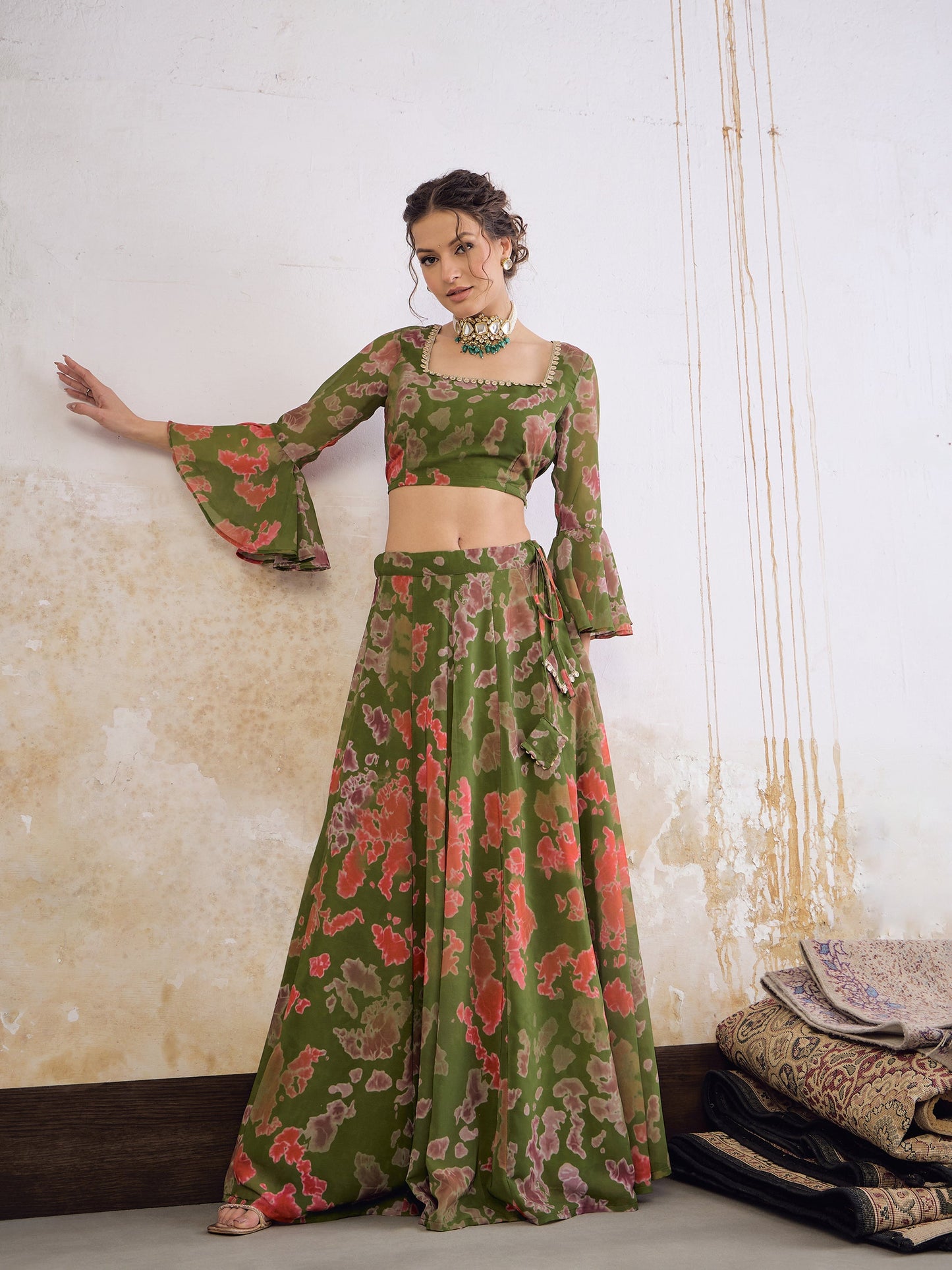 Green  Tie & dye Crop Top With Anarkali Skirt