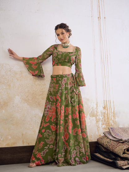 Green  Tie & dye Crop Top With Anarkali Skirt
