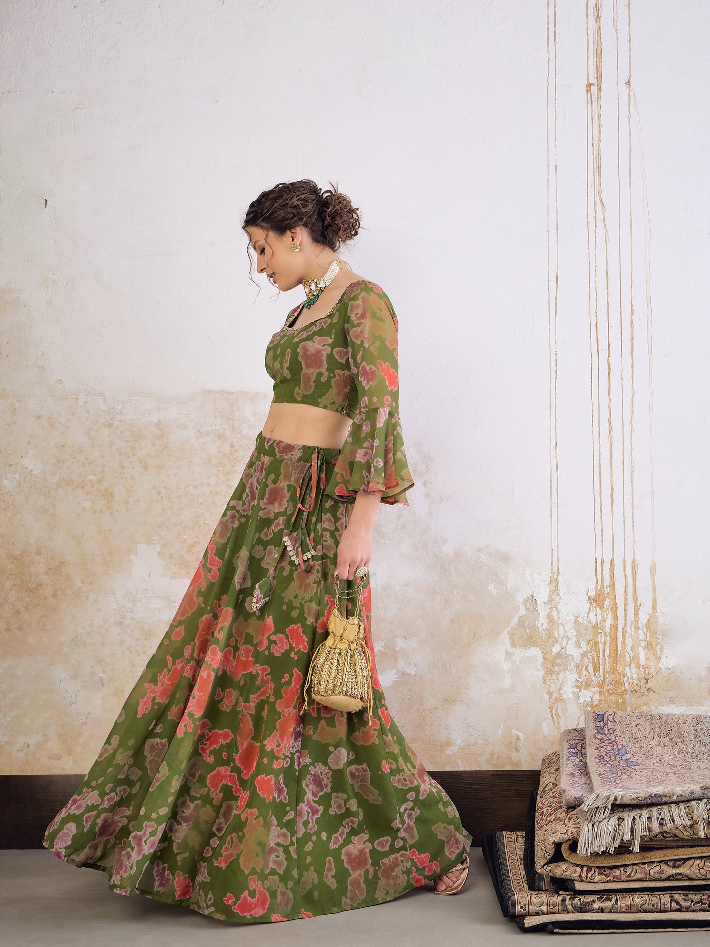 Green  Tie & dye Crop Top With Anarkali Skirt