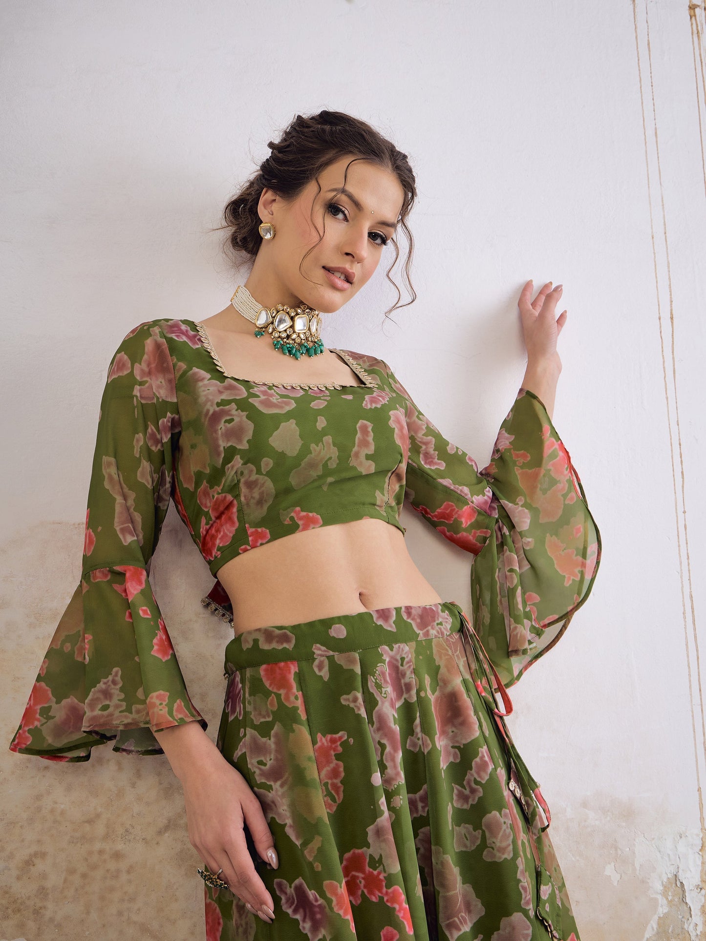 Green  Tie & dye Crop Top With Anarkali Skirt