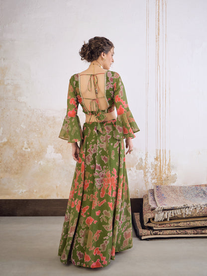 Green  Tie & dye Crop Top With Anarkali Skirt