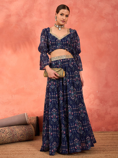Navy Floral Hem Frill Crop Top With Anarkali Skirt