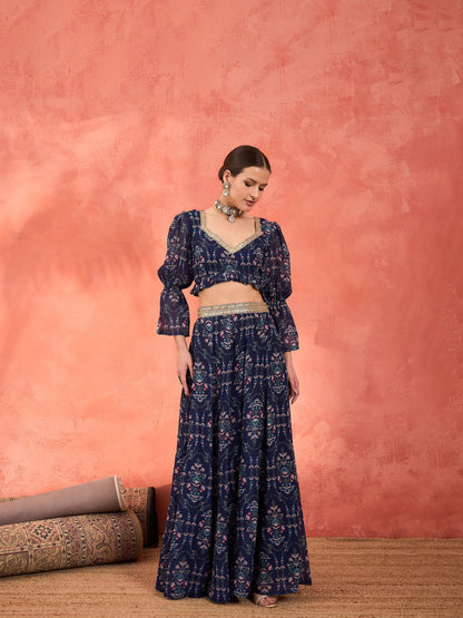 Navy Floral Hem Frill Crop Top With Anarkali Skirt