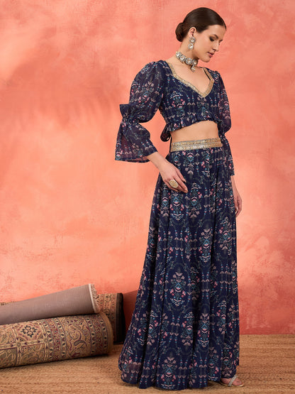 Navy Floral Hem Frill Crop Top With Anarkali Skirt
