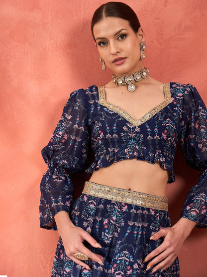 Navy Floral Hem Frill Crop Top With Anarkali Skirt