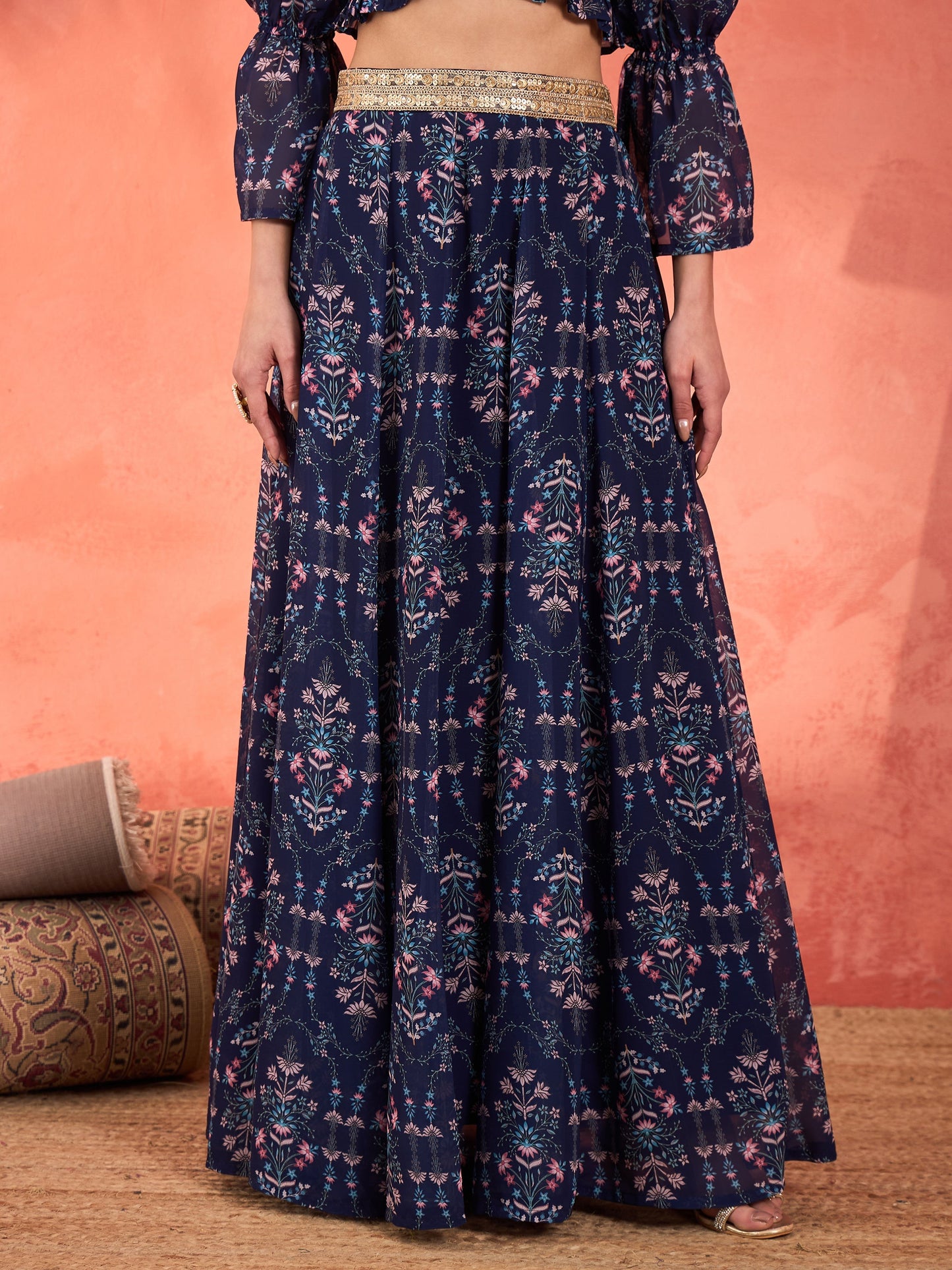 Navy Floral Hem Frill Crop Top With Anarkali Skirt