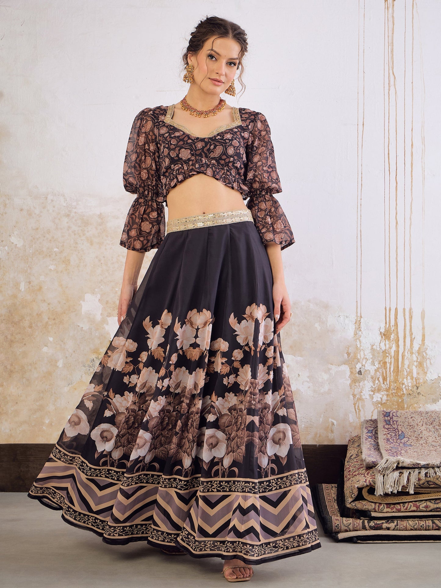 Women's Women Black Floral Hem Frill Crop Top With Anarkali Skirt in Georgette by Shae for wholesale, bulk, supplier, manufacturer and wholesaler buyers from Trendphoria