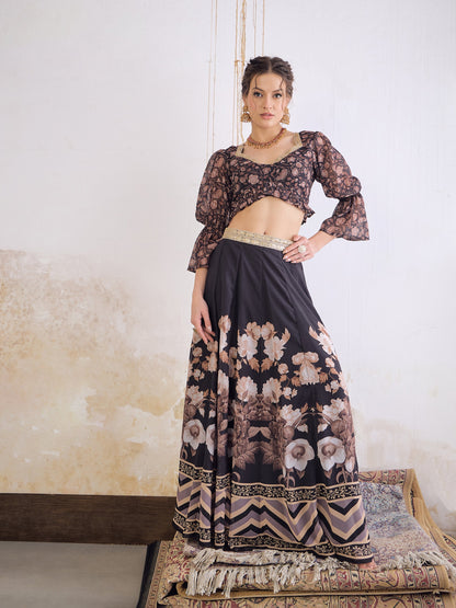 Black Floral Hem Frill Crop Top With Anarkali Skirt-Shae by SASSAFRAS