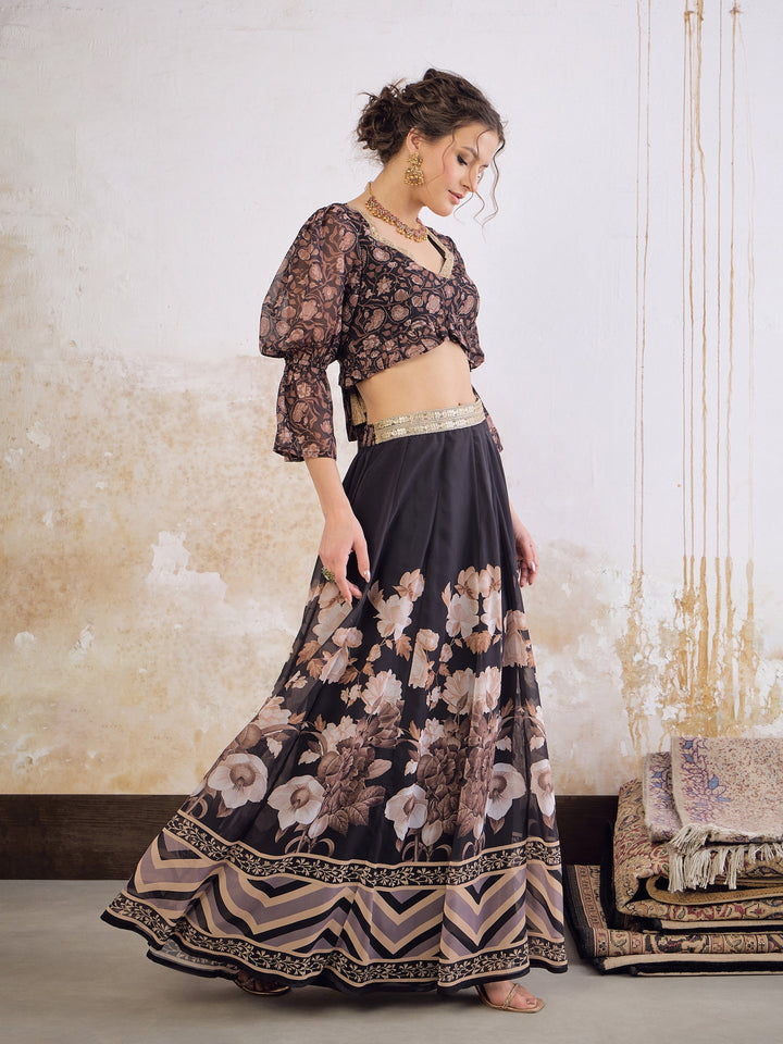 Black Floral Hem Frill Crop Top With Anarkali Skirt-Shae by SASSAFRAS