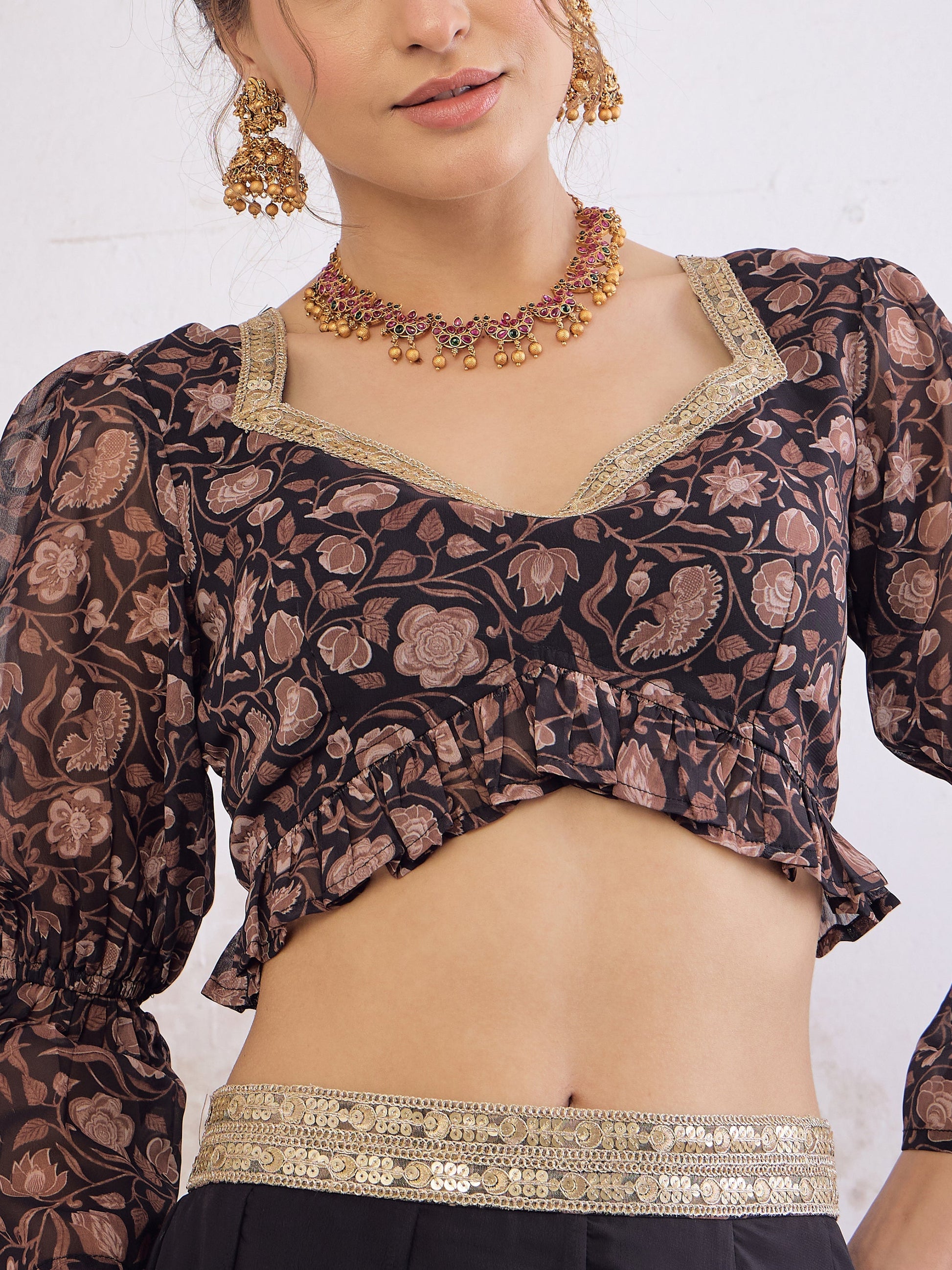 Black Floral Hem Frill Crop Top With Anarkali Skirt-Shae by SASSAFRAS