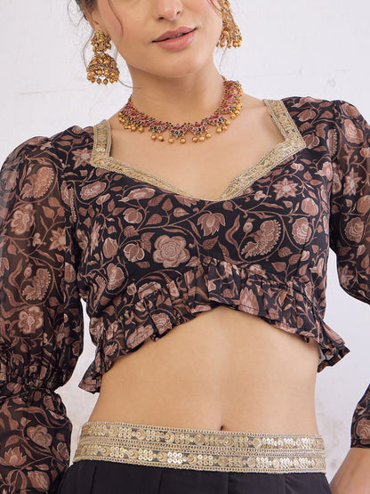 Black Floral Hem Frill Crop Top With Anarkali Skirt-Shae by SASSAFRAS